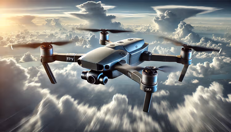 Pilot flying an FPV drone with VR goggles in open terrain