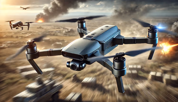 FPV drone with nose-mounted camera in flight
