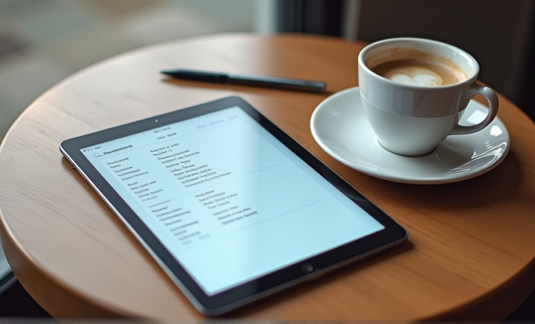 features, tablet, specifications 📸📸 A tablet on a table with specifications listed on the screen. Next to it are a coffee cup and a stylus. 📸📸 Технические характеристики планшетов