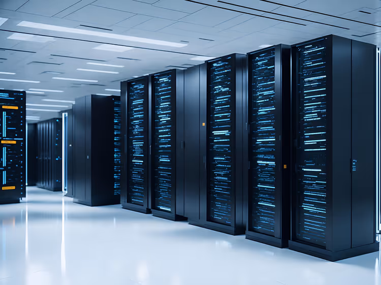 Centro de dados com filas de racks de servidores