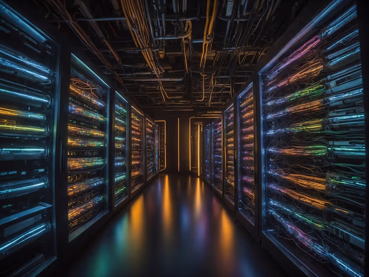 Sala de servidores com equipamento em funcionamento