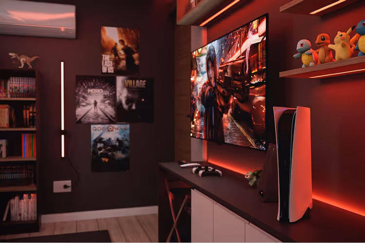 Ігрова кімната з консоллю PlayStation 5 у неоновому підсвічуванні