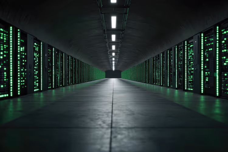 Server rack in a data center with indicator lights
