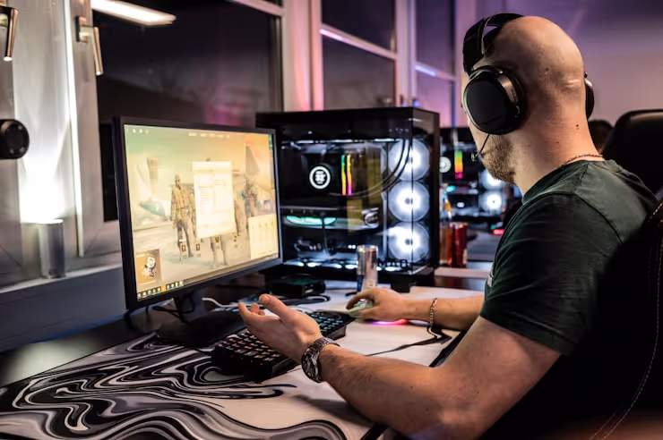 Mann mit Kopfhörern am PC mit leuchtender RGB-Tastatur