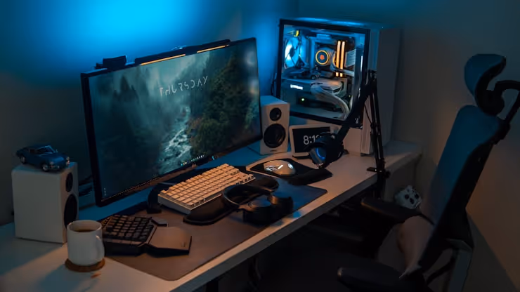 Computertisch mit Monitor und mechanischer Tastatur