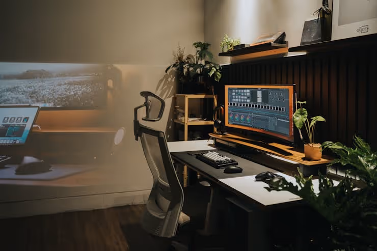 Hjemmekontor med buet skjerm, ergonomisk stol og planter, koselig arbeidsplass.