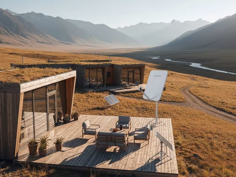 Paysage de steppe kazakhe avec un camp de yourtes devant les montagnes