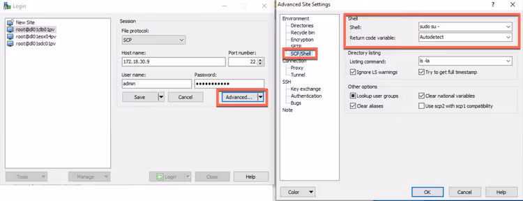 Ventana de configuración del servidor SFTP en WinSCP
