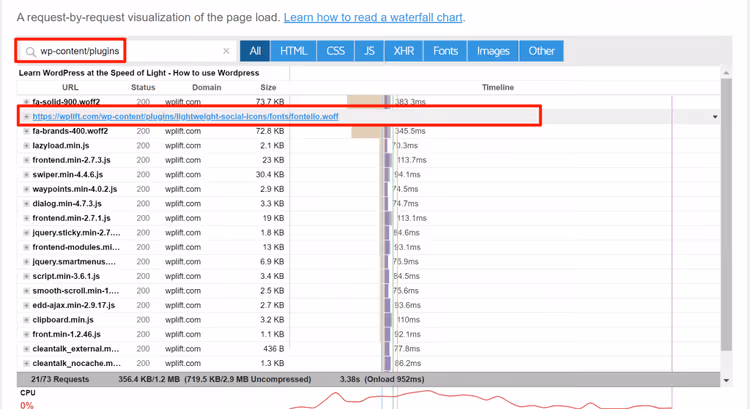 Filtering requests by plugins folder in GTmetrix Waterfall