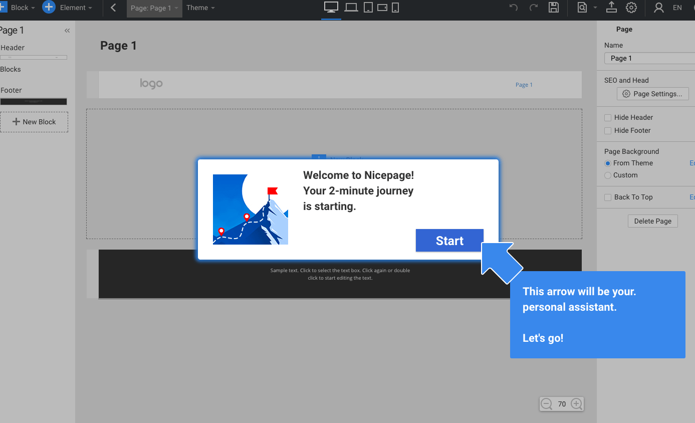 📸📸Realistic photo, a user watching an interactive tutorial overlay on the Nicepage dashboard, highlighting key features📸📸 Интерактивный гид Nicepage
