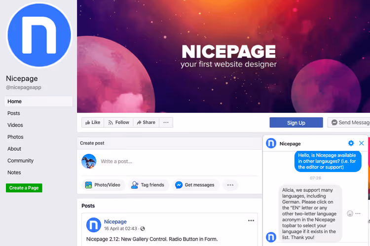 Страница Nicepage в Facebook для обращений в поддержку