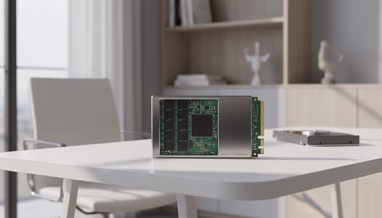 Componentes internos de um SSD com chips de memória e controlador