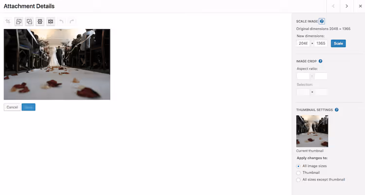 Interface de redimensionamento de imagem no editor do WordPress
