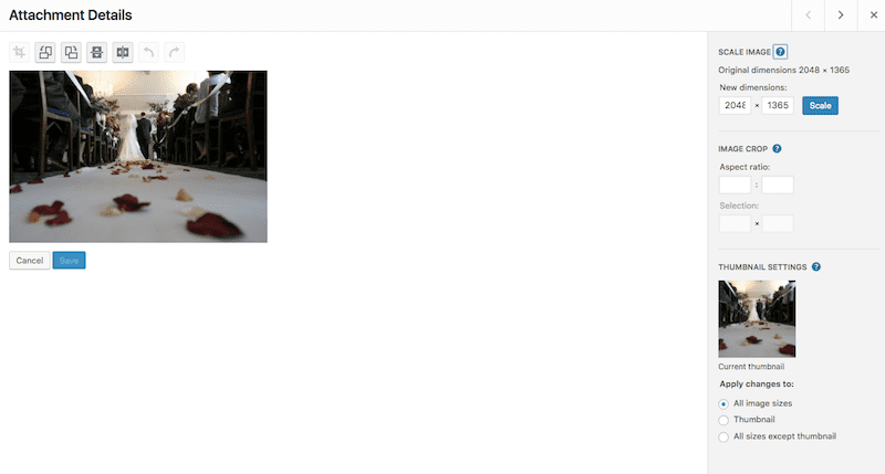 WordPress internal image resizing tool Интерфейс изменения размеров изображения