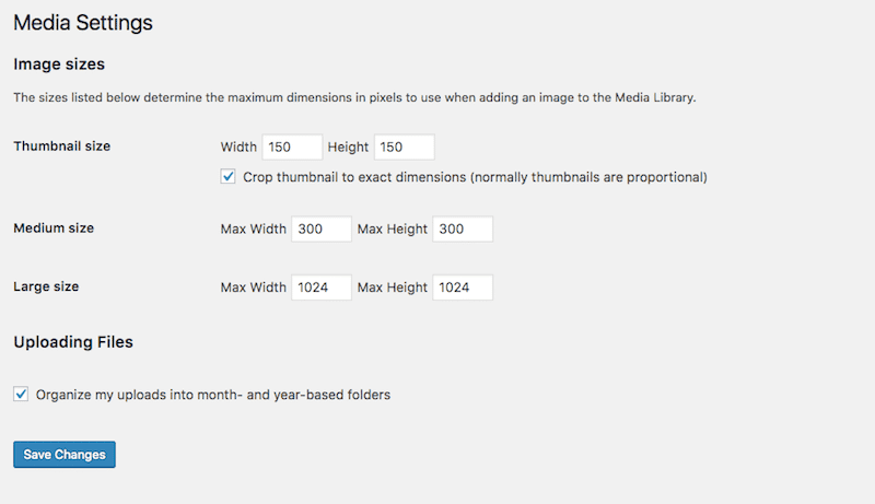Settings Media configuration screen Настройки размеров медиафайлов в админке