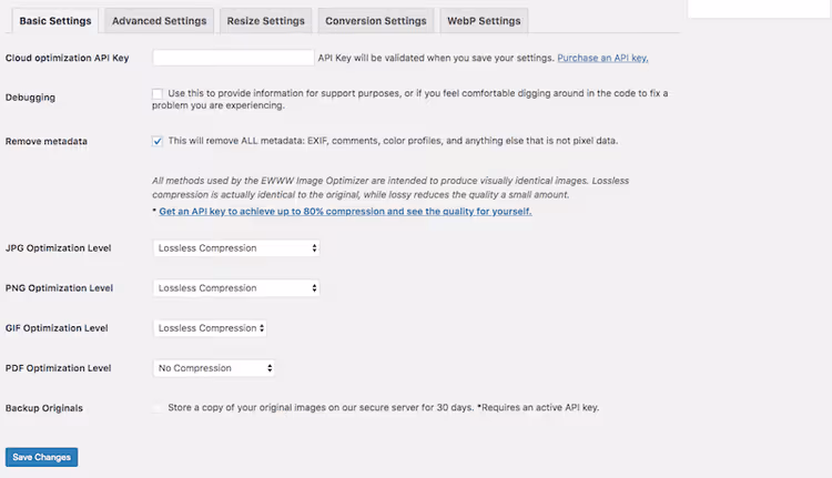 Definições de nível de compressão no EWWW Image Optimizer