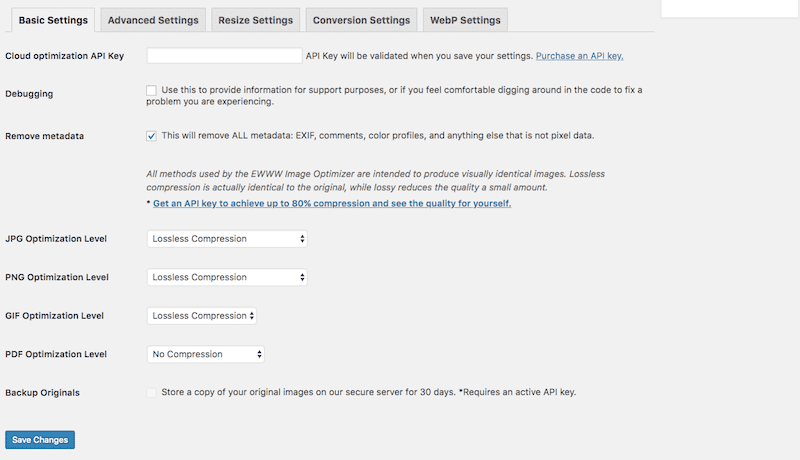 EWWW Basic Settings Interface Базовые настройки EWWW
