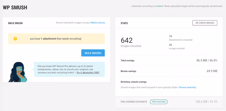 Painel de estatísticas e resultados de compressão no Smush