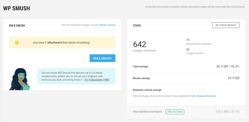 WP Smush Dashboard Панель управления Smush