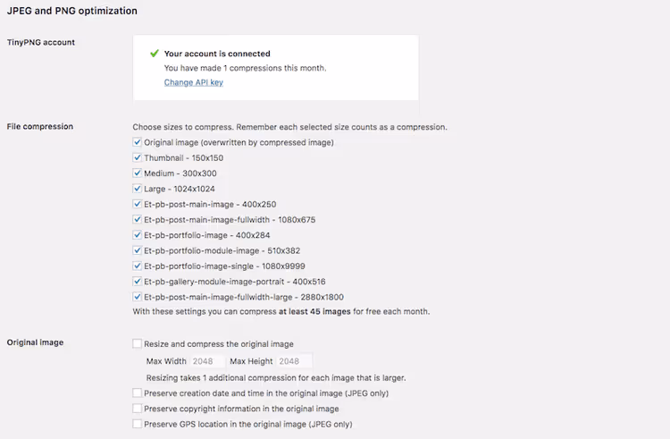 Definições do plugin TinyPNG no admin do WordPress