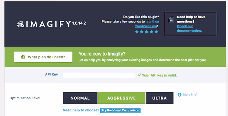 Definições de nível de compressão do Imagify: Normal Agressivo Ultra