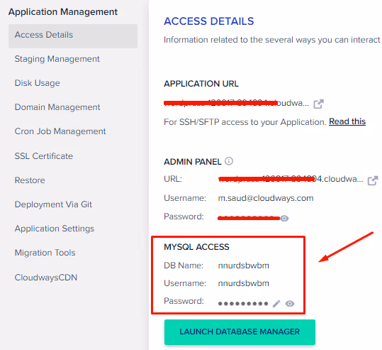 Detalhes da base de dados na secção de gestão da aplicação Cloudways
