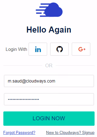 Formulário de início de sessão do painel de controlo da Cloudways