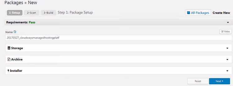 Configuração do pacote antes da análise do site
