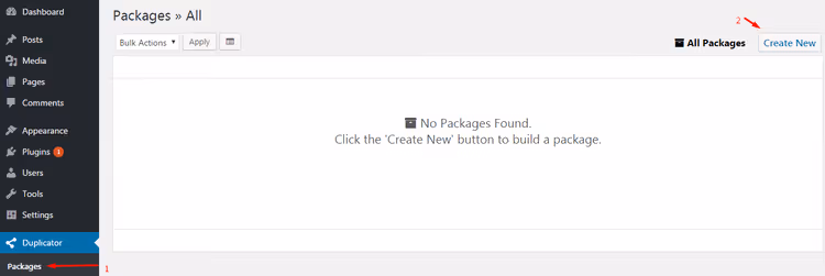 A criar um novo pacote Duplicator no painel de administração do WordPress