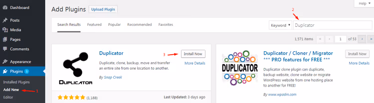 A instalar o plugin Duplicator a partir do repositório do WordPress