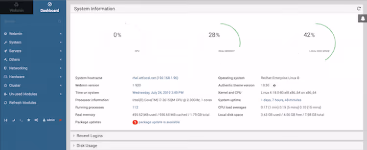 Webmin main dashboard with the Authentic theme and side navigation menu