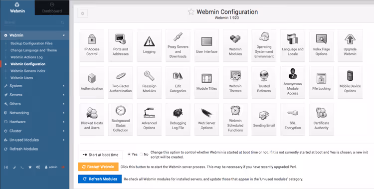Detailed Webmin behavior settings: ports, logs, authentication and interface language