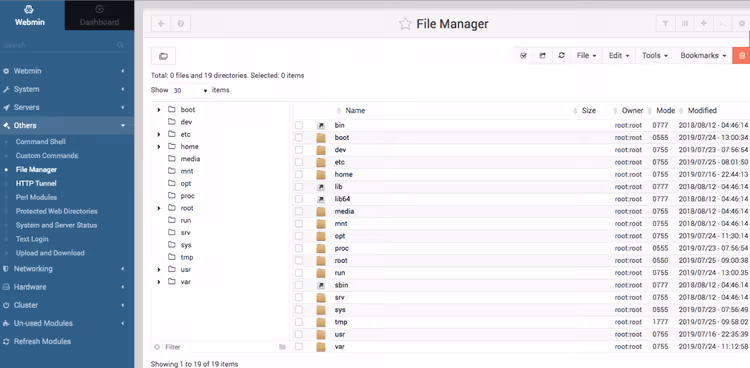 Webmin file manager with server filesystem explorer